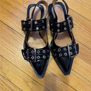 Ganni Black Patent Leather Slingback Flats